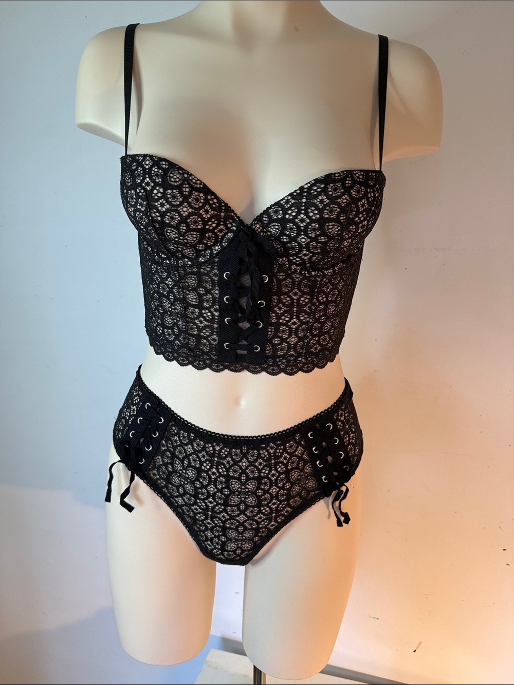 Victoria's Secret Black Lace Corset Bralette & Lace-Up High Waist Briefs